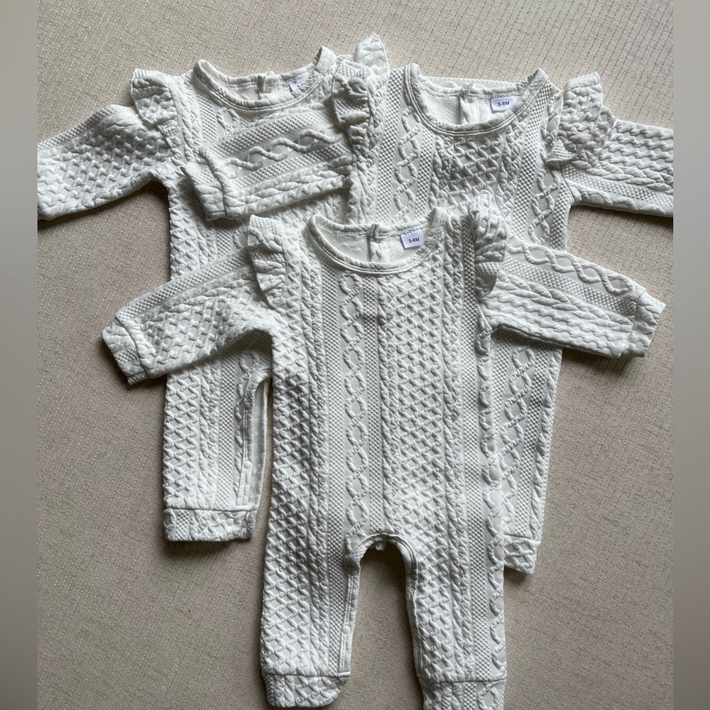 White quilted rompers with optional belt or headwrap